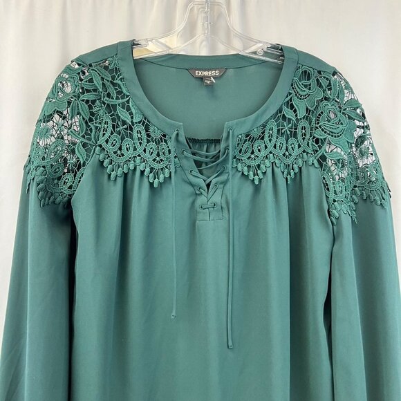 Express Women’s Crochet Tie Up Neck Top Green Size Small Long Sleeve - Picture 2 of 7